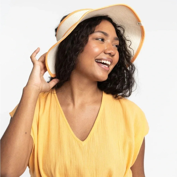 Gal Bashy • NWT Jimani Roll Up Straw Sun Visor With Printed Binding in Mango - Picture 2 of 9